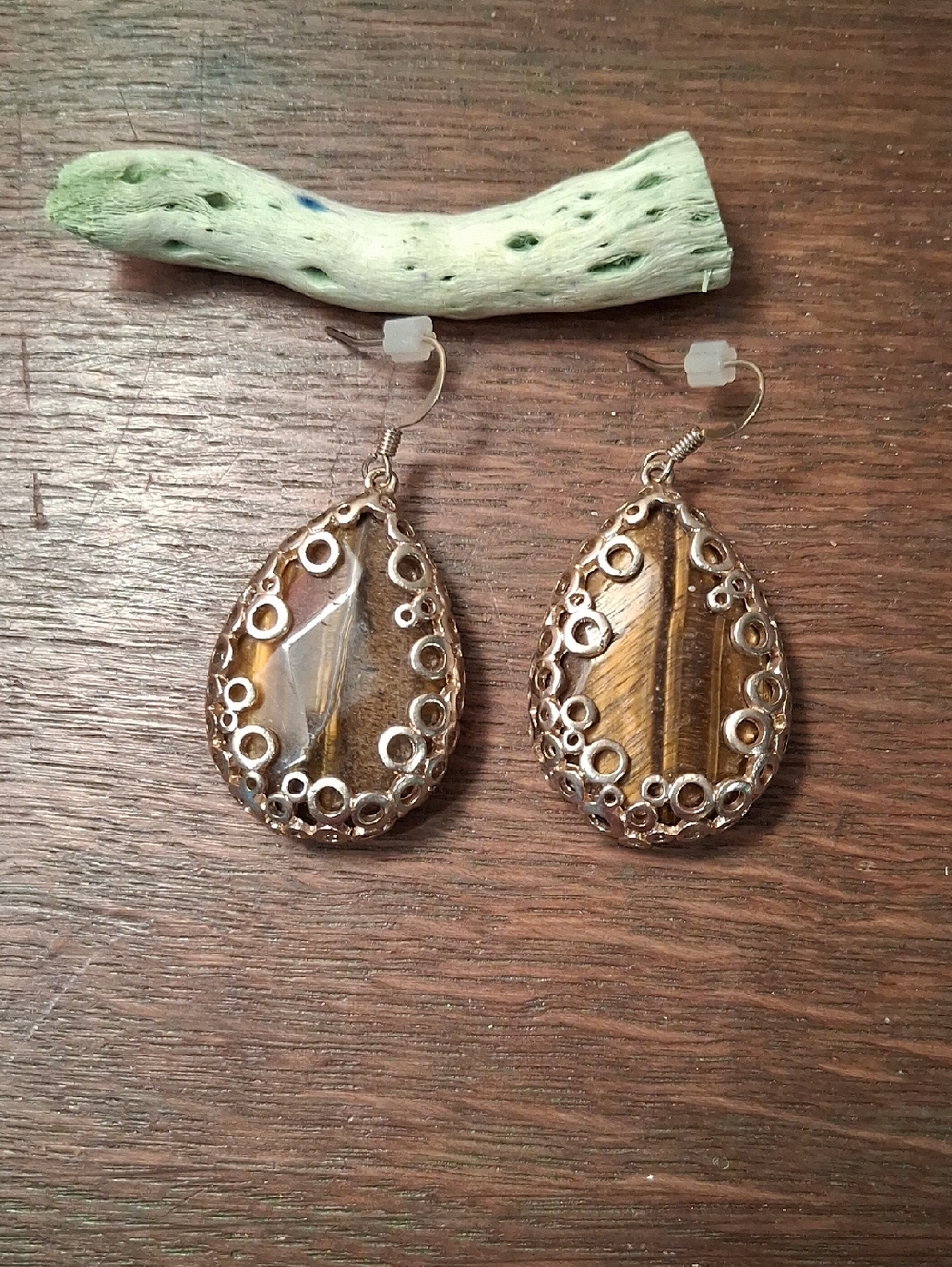 Teardrop Tiger Eye Dangle Earrings - Brown and Gold